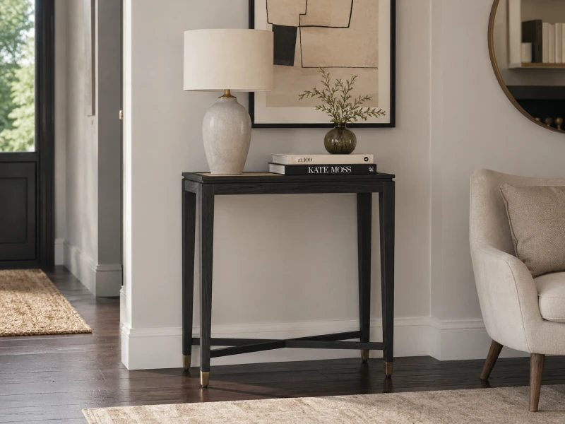 Zelten Black S Oak Console Table with Decorative Rattan Behind Glass, 76 x 79.5cm