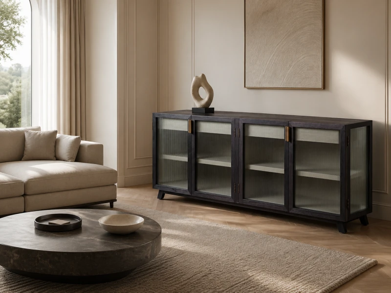 Linton Oak Large Sideboard  214cm Oak, Embossed Iron, Ribbed Glass