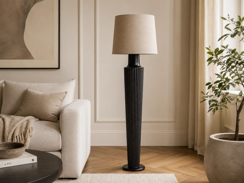Junio Floor Lamp 166cm with Black Base and Cream Linen Lampshade
