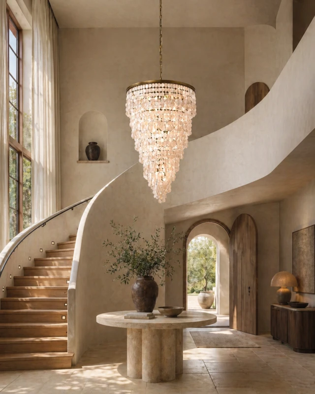 Large white shell chandelier with natural shells and dark gold iron frame