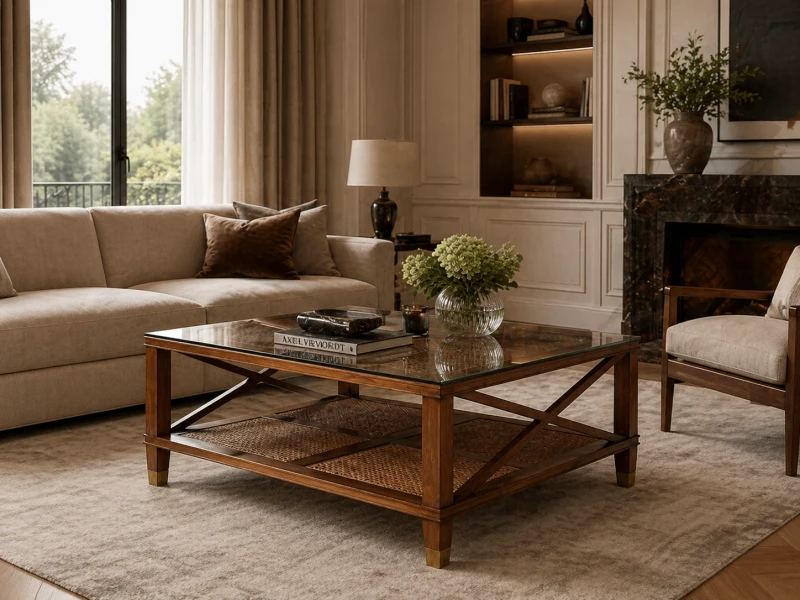 Shire Square Coffee Table in Indian Melia Wood – Brown, Glass Top, 100 × 100 cm