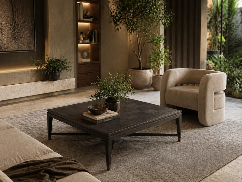Zelten Black Square Coffee Table 110cm with Black Oak and Brass Details