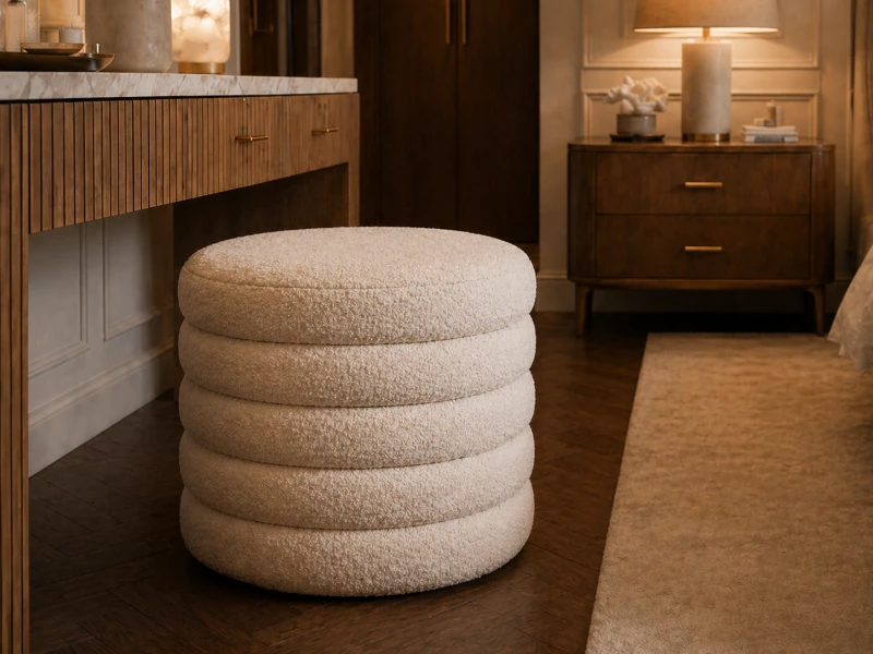 Cream Bouclé Storage Stool for Dressing Table