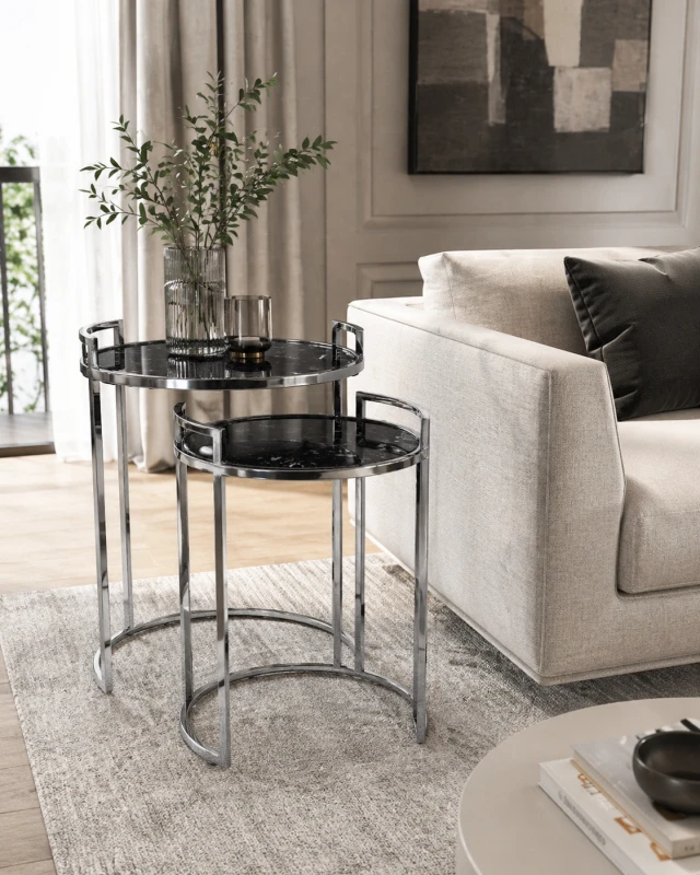 Set of black stone top side tables with silver stainless steel frames