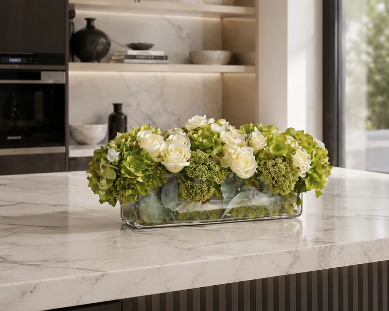 Boscobel Artificial Floral Arrangement in Glass, H55 cm – Hydrangea, Rose, Sedum &amp; Lime Greenery