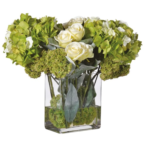 Boscobel 40cm Artificial Lime Hydrangea, Rose and Sedum Arrangement in Tall Glass Vase