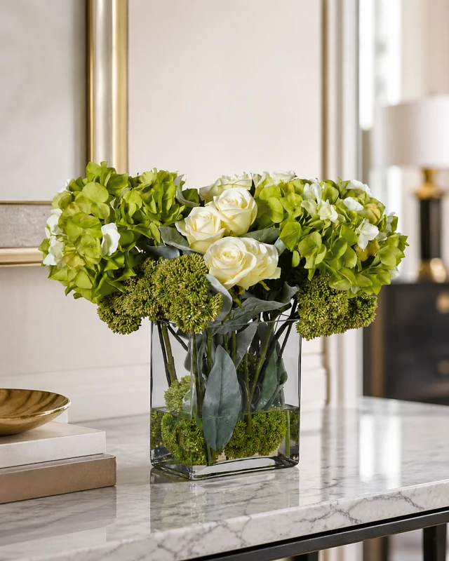 Boscobel 40cm Artificial Lime Hydrangea, Rose and Sedum Arrangement in Tall Glass Vase