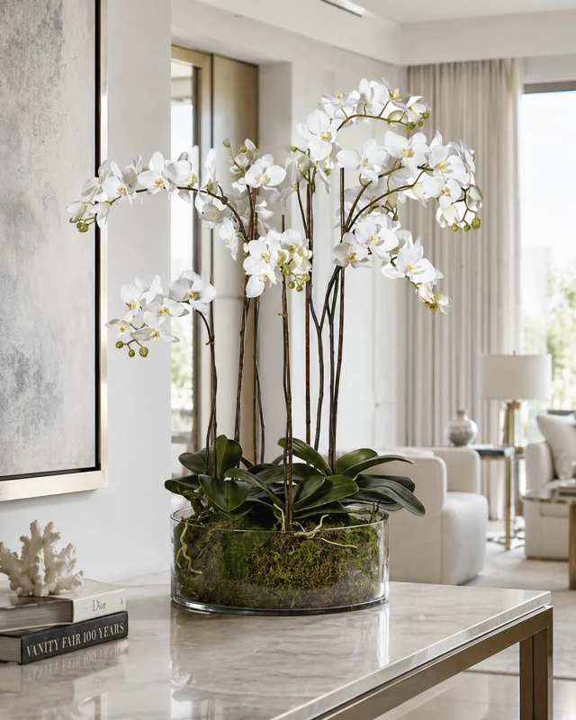 Elegant Artificial White Orchid Arrangement in White Glass Vase, H84 cm