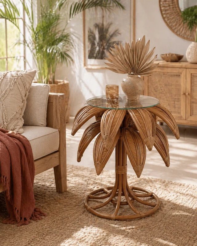 Palm Collection Rattan Side Table – 77 cm Round Glass-Top Table for Living Room