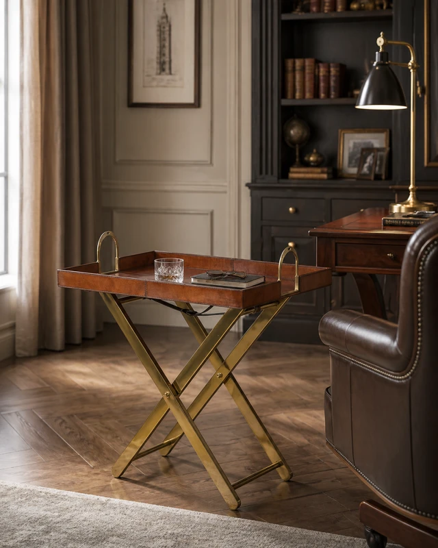 Bardem Brown Tray Table 69x79 cm - Japuir Natural Leather, Gold Base