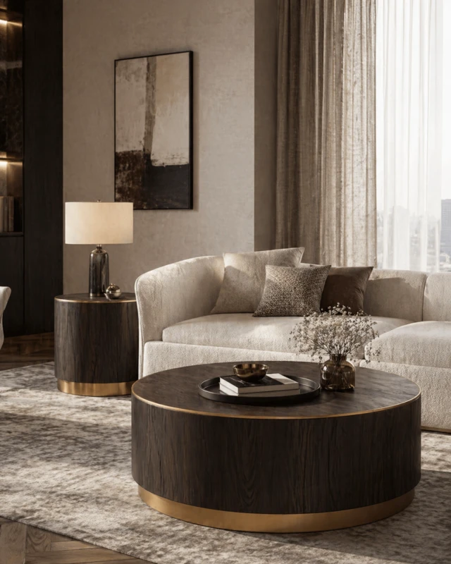 Round Finchley Coffee Table 100 cm Elm with copper finished