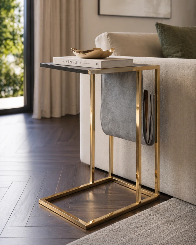 Grey side table with magazine rack Enderby and gold iron base