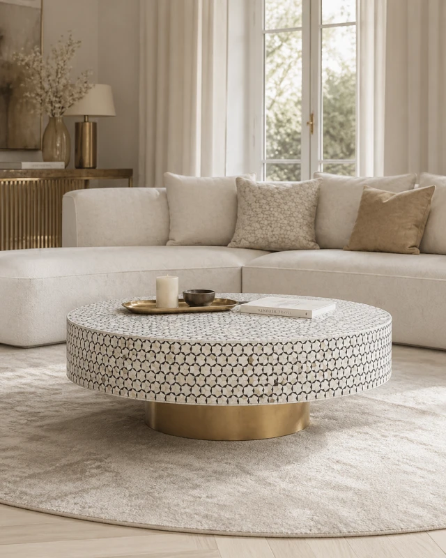 Belize Circular Coffee Table 107 cm bone inlay, white, black and gold geometric pattern