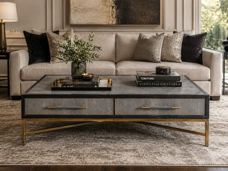 Enderby II Coffee Table 140 × 80 cm – Grey Shagreen Finish, Oak Frame, Iron Detailing, Two Drawers