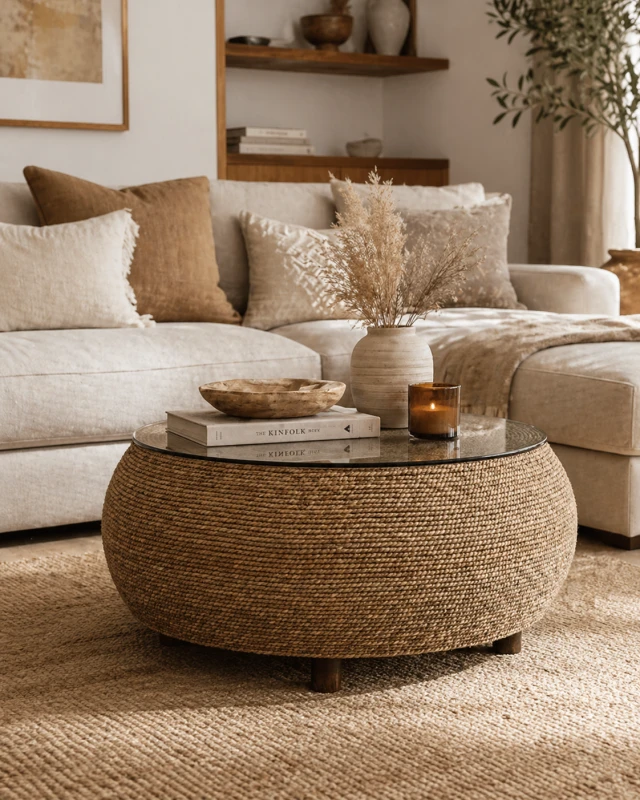 Toba Natural Round Coffee Table 86x43 cm seagrass base tempered glass top