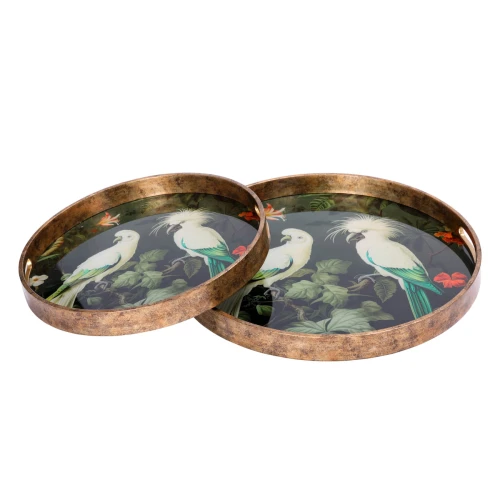 Set of Two Tropic Decorative Trays 45 cm – Antique Gold with Tropical Birds