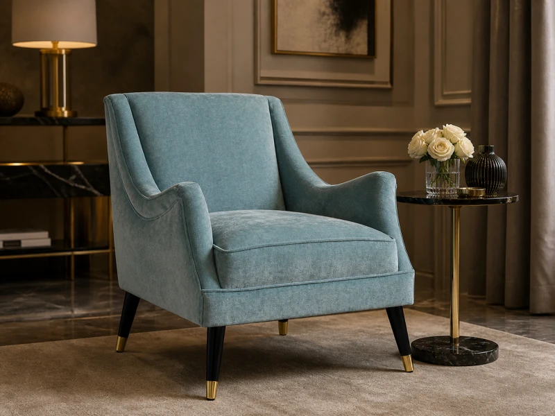 Blue Velvet Accent Armchair with Black Legs and Gold Detailing