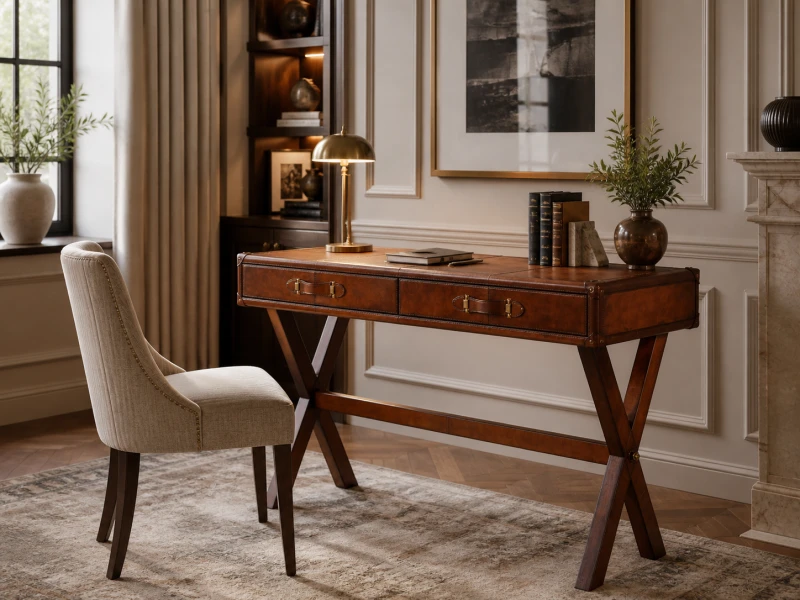 Bardem Brown Leather Desk 121×77 cm – Luxury Writing Desk with Drawers