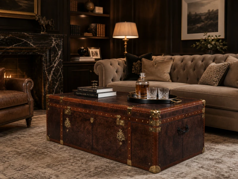 Leather trunk coffee table in brown with brass detailing – luxury storage coffee table