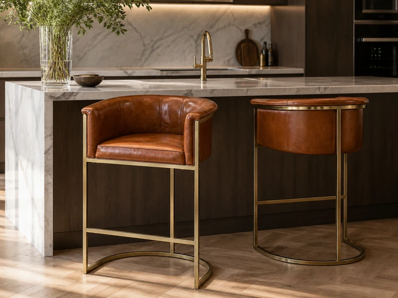 Visualization: Chester Leather Bar Stool with Brown Seat and Gold Steel Frame
