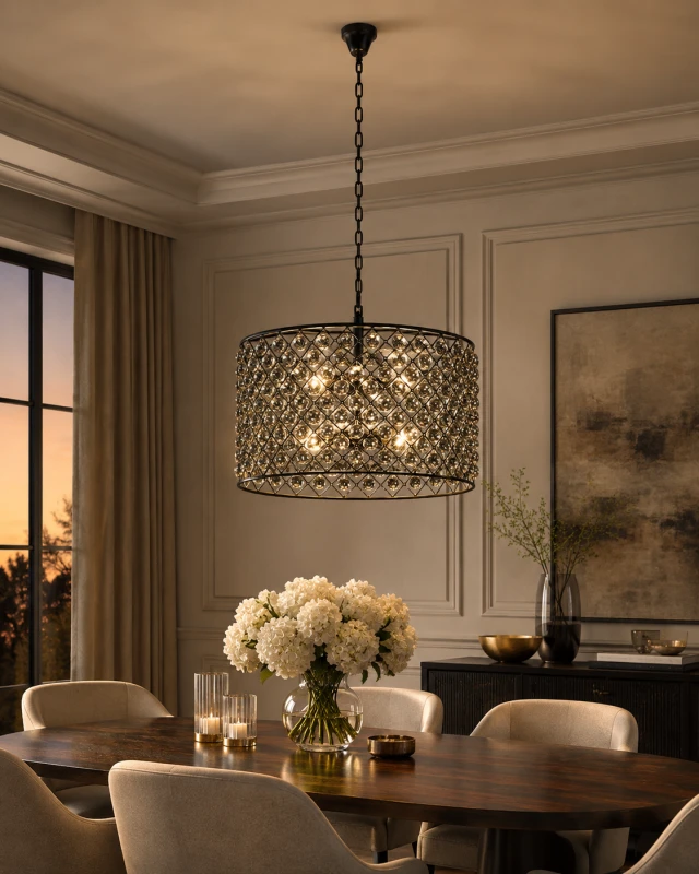 Bremner Round Chandelier 70 cm with Black Frame and Glass Pendants