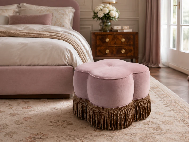Claridge Pink Velvet Pouffe – 55 cm with Decorative Fringes