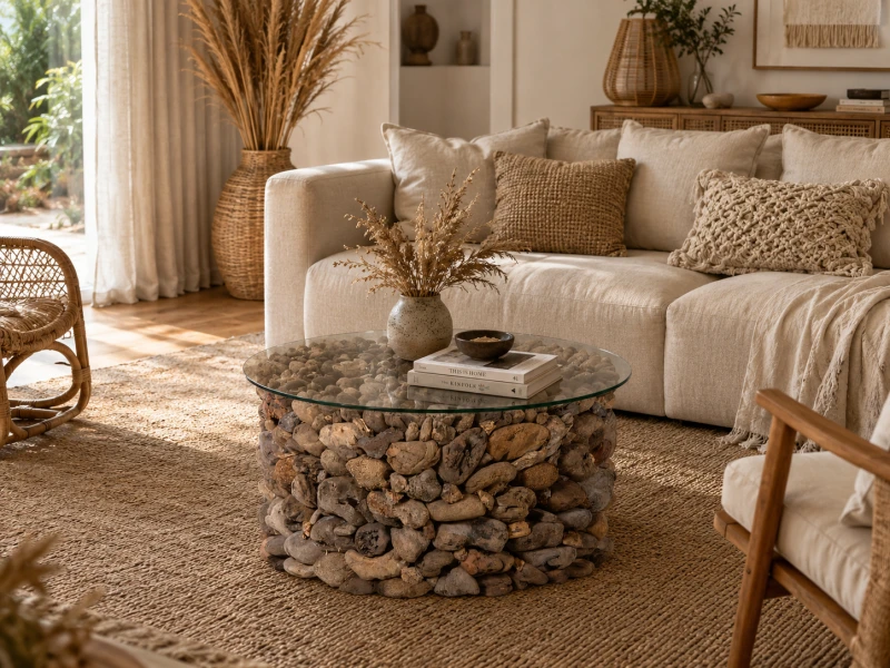 Driftwood Coffee Table 75 cm – Round Boho Glass Top Coffee Table