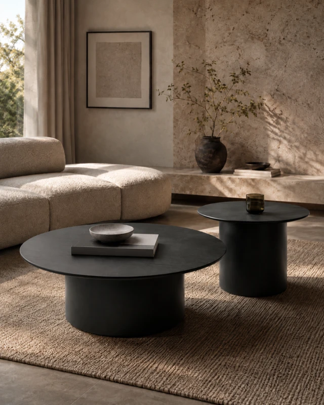 True Black set of 2 round black coffee tables with iron bases and oak veneer tops