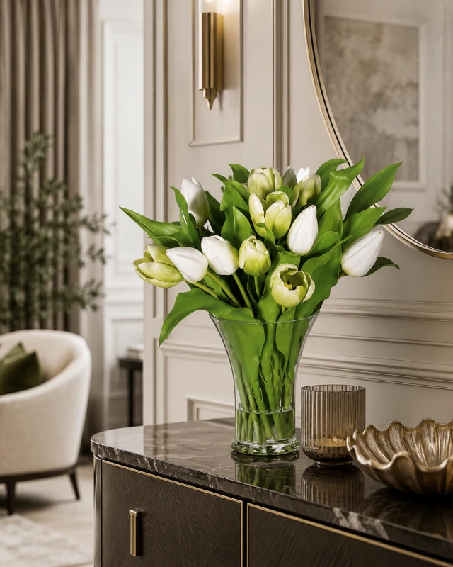 White Artificial Tulips in Glass Vase 45 cm