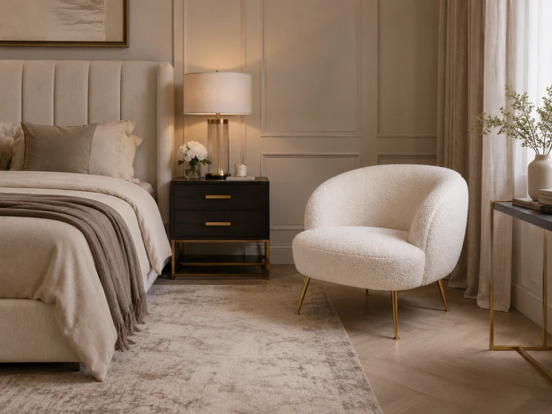 White Bouclé Armchair with Gold Legs