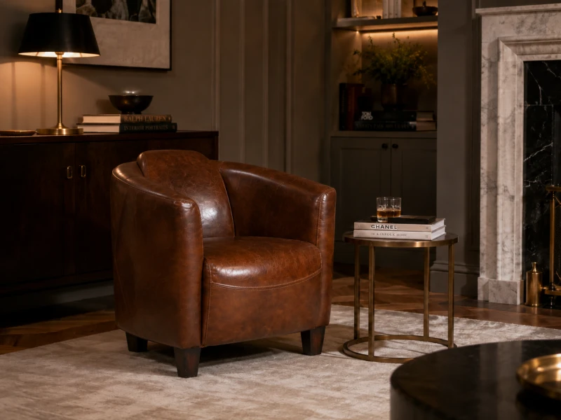Belgrave Leather Brown Armchair rubber wood elegant occasional chair