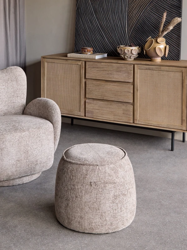 Light brown chenille Ennismore pouffe footstool for a luxury living room