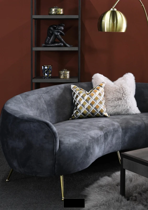 Eaton Grey Curved Sofa 240 cm gold metal legs dark grey upholstery