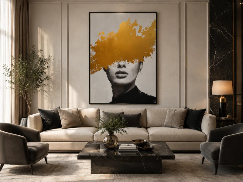 Golden Lady framed canvas wall art 140 x 100 cm with black frame and gold detailing