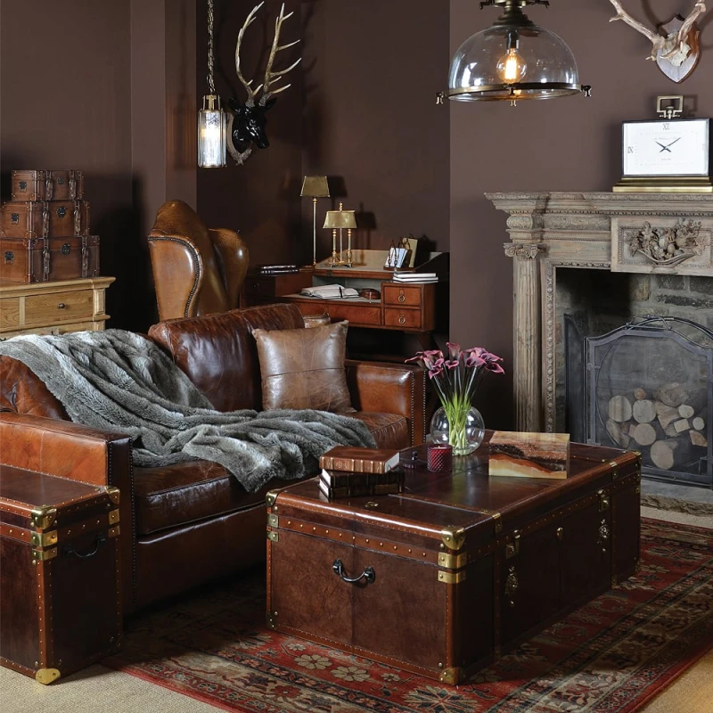 Leather trunk coffee table in brown with brass detailing – luxury storage coffee table