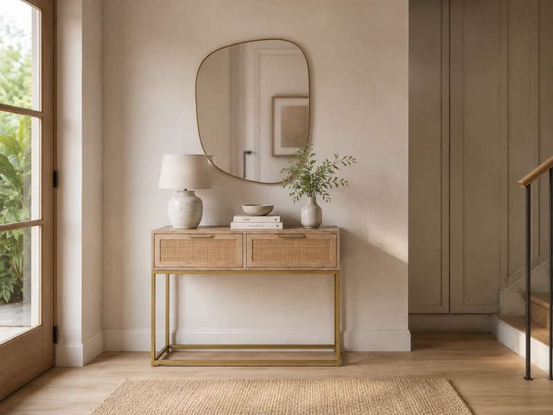 Cane Console Table Mango Wood and Iron 100x77 cm natural colour cane