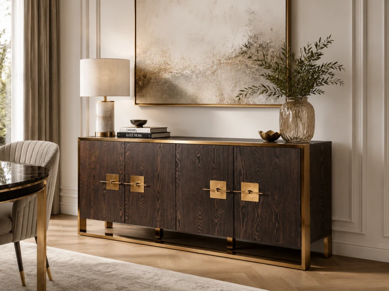 Luxury dark brown sideboard with gold stainless steel frame