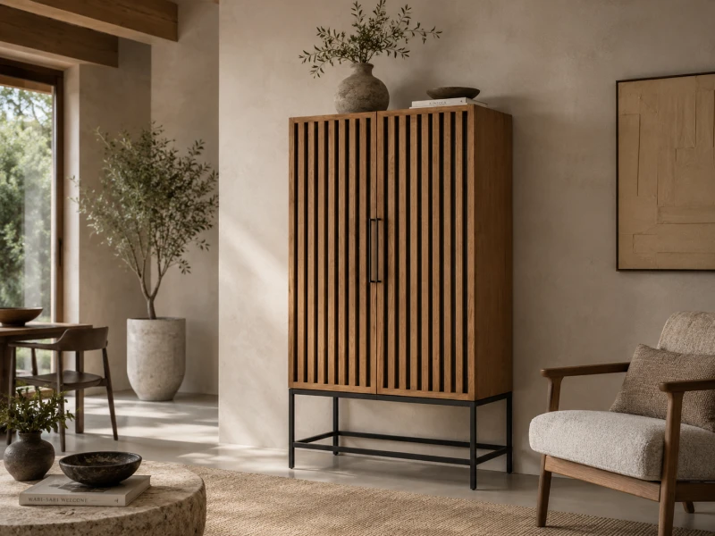 Natural wood cabinet with vertical slatted doors