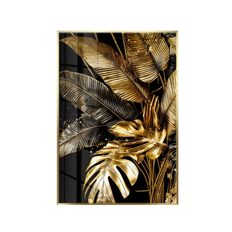 Golden Tropic glass wall art 80x120 cm with gold tropical leaves