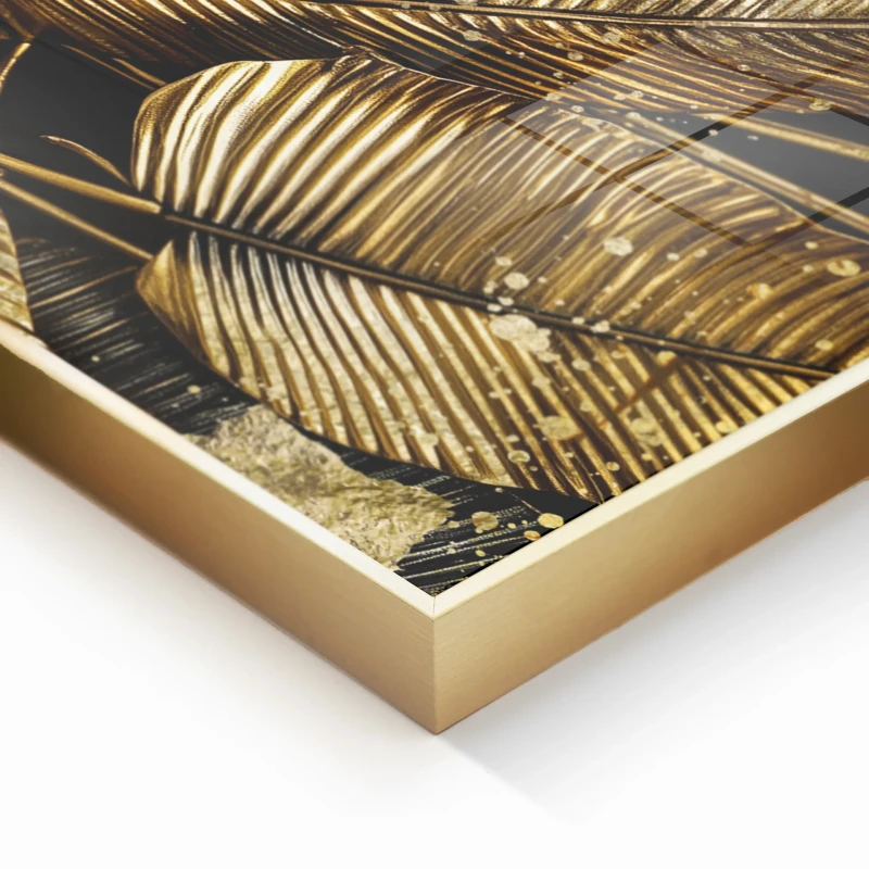 Luxury glass wall art with gold leaves on black background