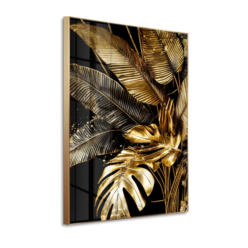Golden Tropic glass wall art 80x120 cm with gold tropical leaves