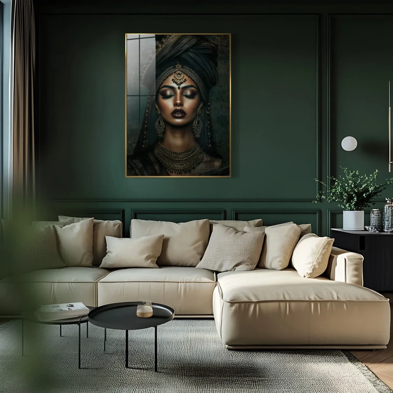 Black and gold glass wall art with ornate jewellery details