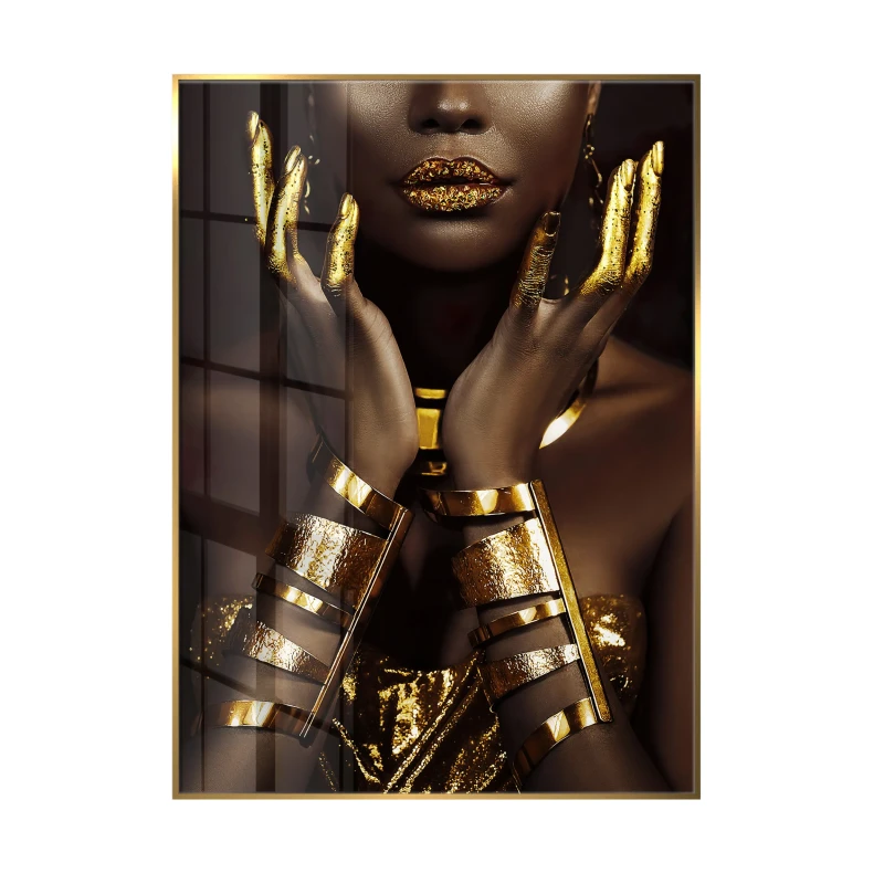 Close-up of Golden Touch glass wall art with gold frame