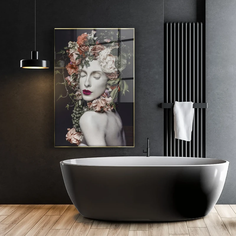 Flower Crown glass wall art 80x120 cm with female portrait