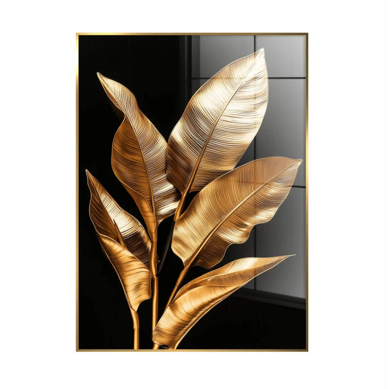Gold Strelitzia glass wall art 80x120 cm with gold leaves