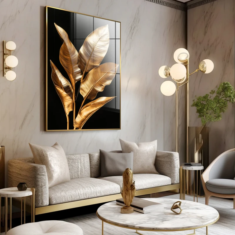 Gold Strelitzia glass wall art 80x120 cm with gold leaves