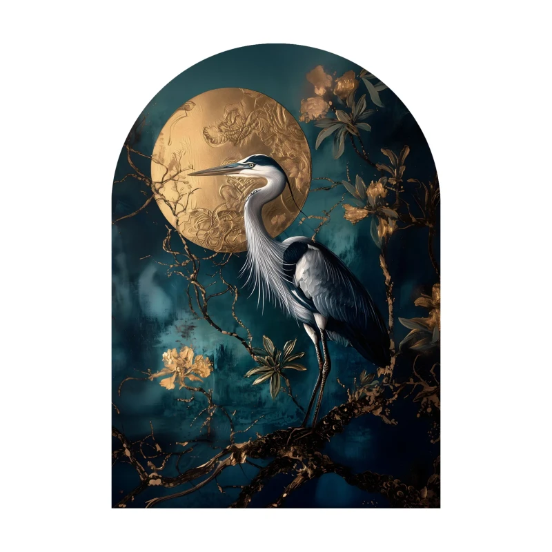 Heron Arched glass wall art 70x100 cm with gold moon