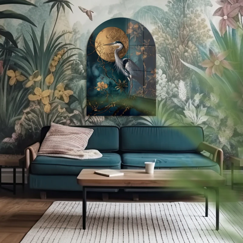 Heron Arched glass wall art 70x100 cm with gold moon
