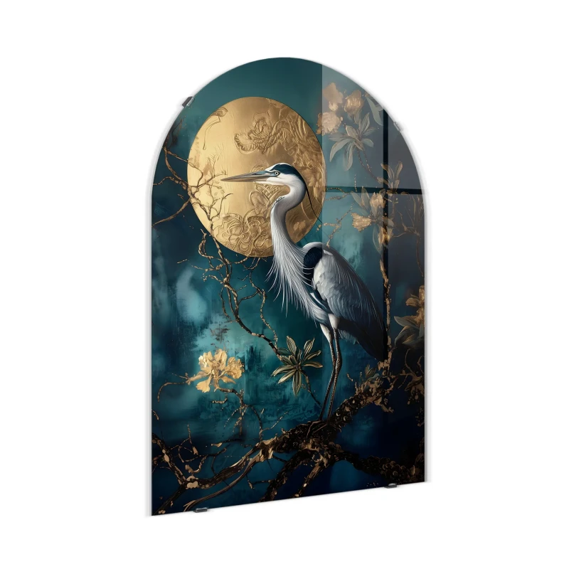Heron Arched glass wall art 70x100 cm with gold moon