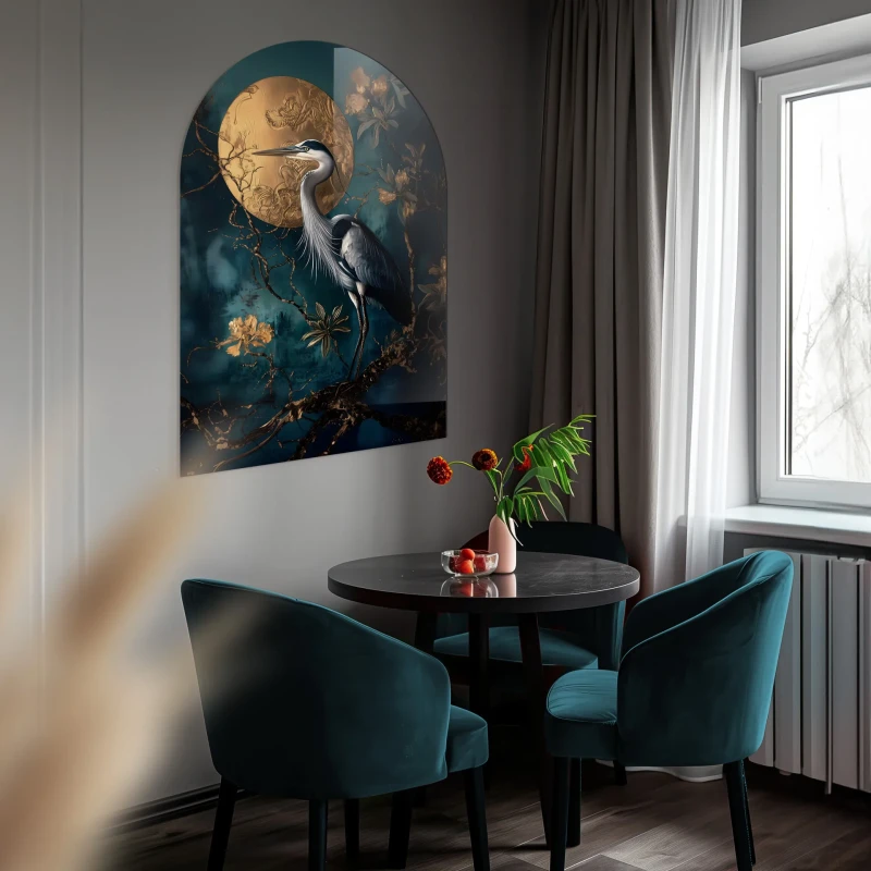 Arched heron wall art with teal background and gold details